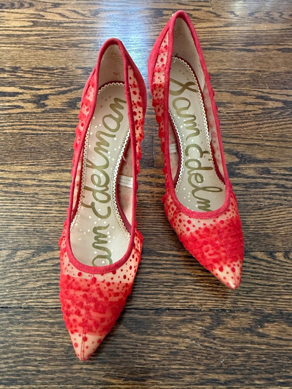 Sam Edelman Hazel Passion Red Pointed-Toe Stiletto Spotted Lace Tulle Mesh Sz 9